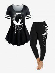 Cat Moon Printed Colorblock Tee and Skinny Leggings Plus Size Outfit