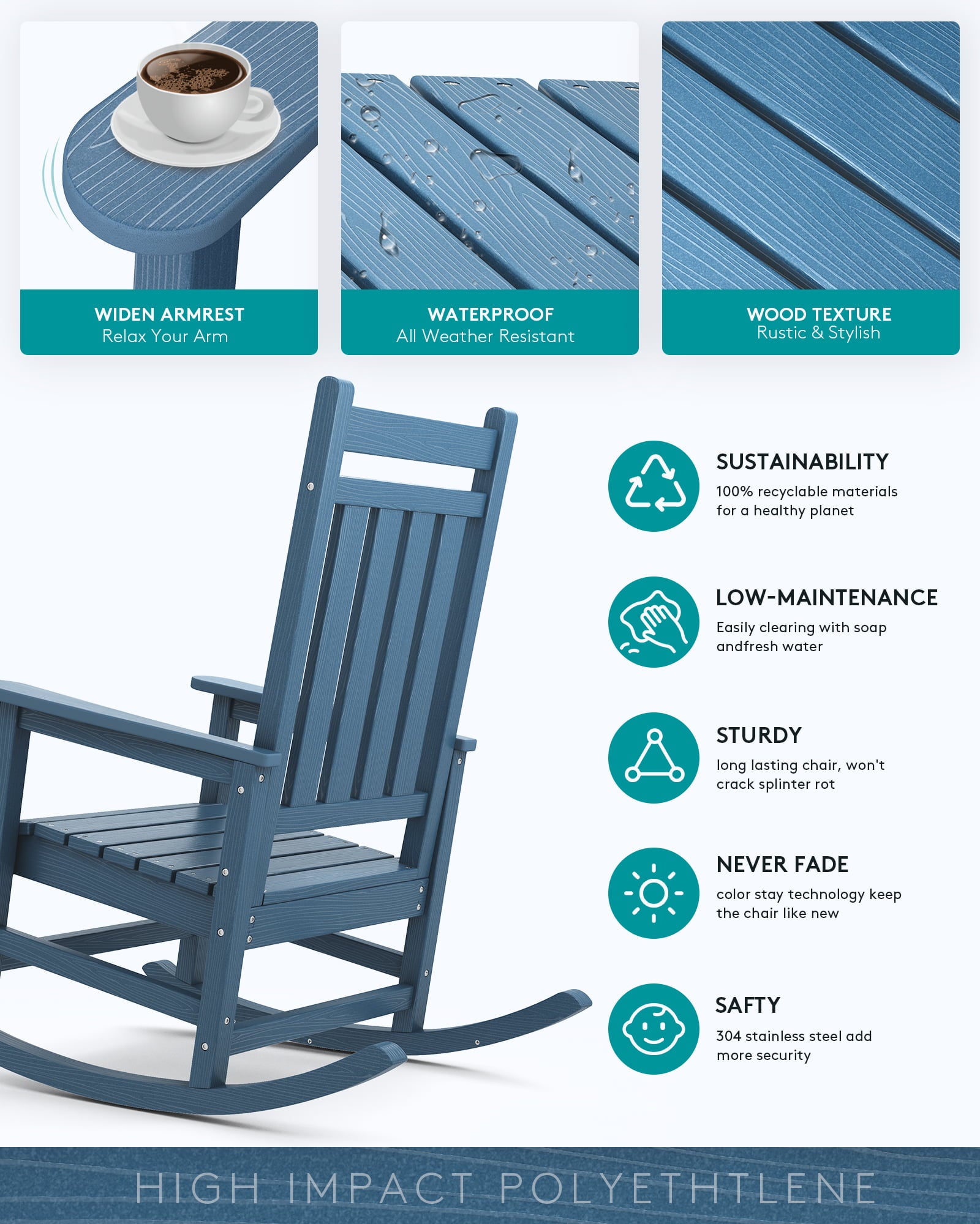 SERWALL Outdoor Oversized Slat Rocking Chair, Blue, HDPE