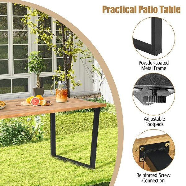 Gymax Patio Rectangle Dining Table Acacia Wood w/ 2'' Umbrella Hole