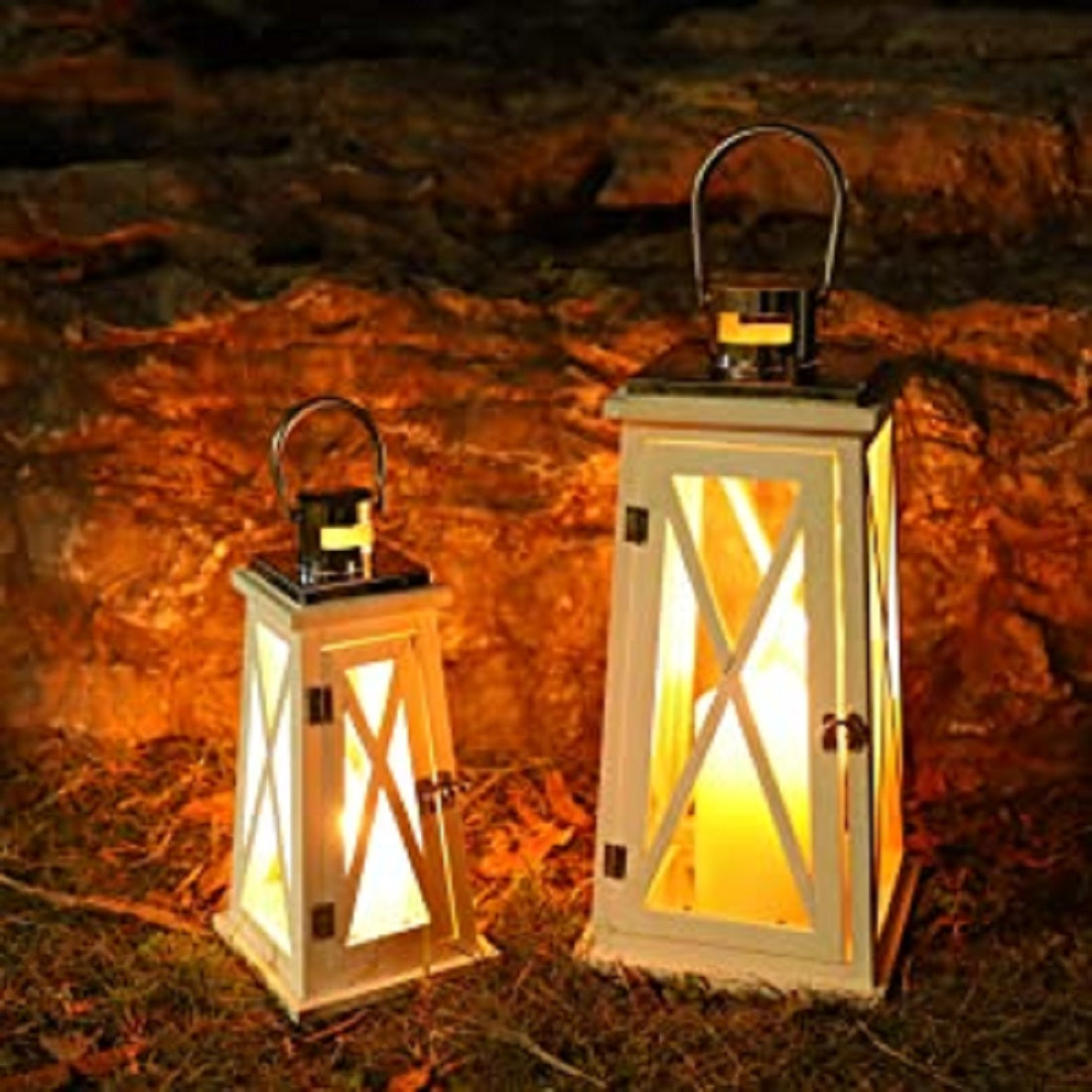 JHY DESIGN Set of 2 Metal Outdoor Candle Lantern， Decorative Wooden and Stainless Steel Candle Lantern with Tempered Glass (White Trapezoid)