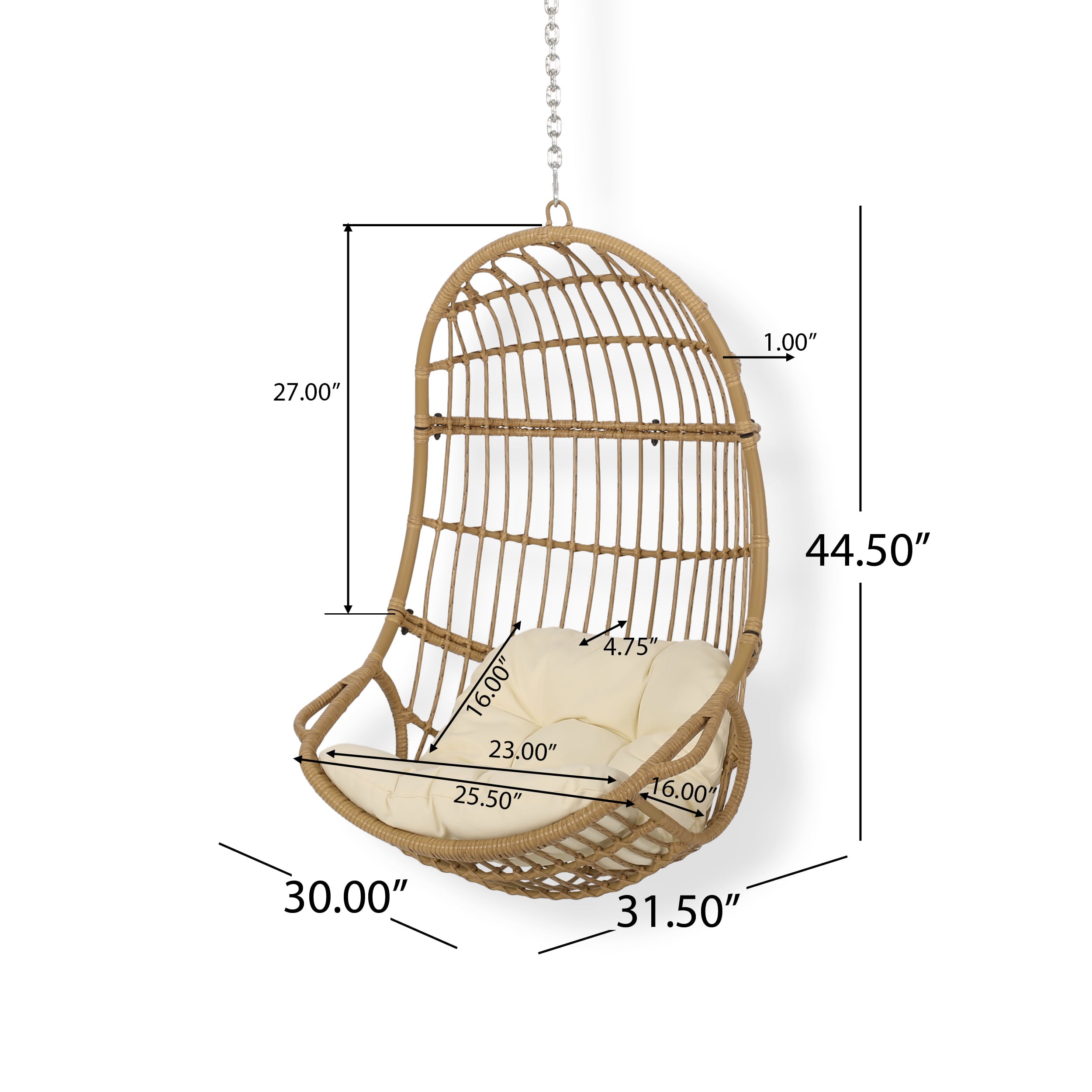 Ottawa Outdoor/Indoor Wicker Hanging Chair with 8 Foot Chain (NO STAND), Light Brown and Beige