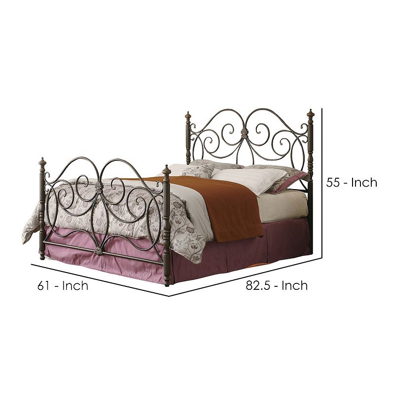 Queen Size Metal Headboard and Footboard with Scroll Work Details， Dark Bronze