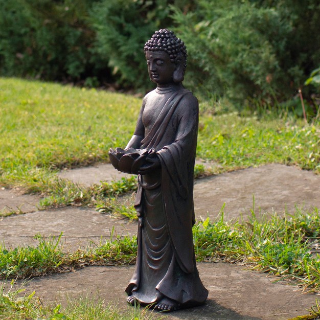 Gray Standing Buddha With Lotus Outdoor Garden Statue