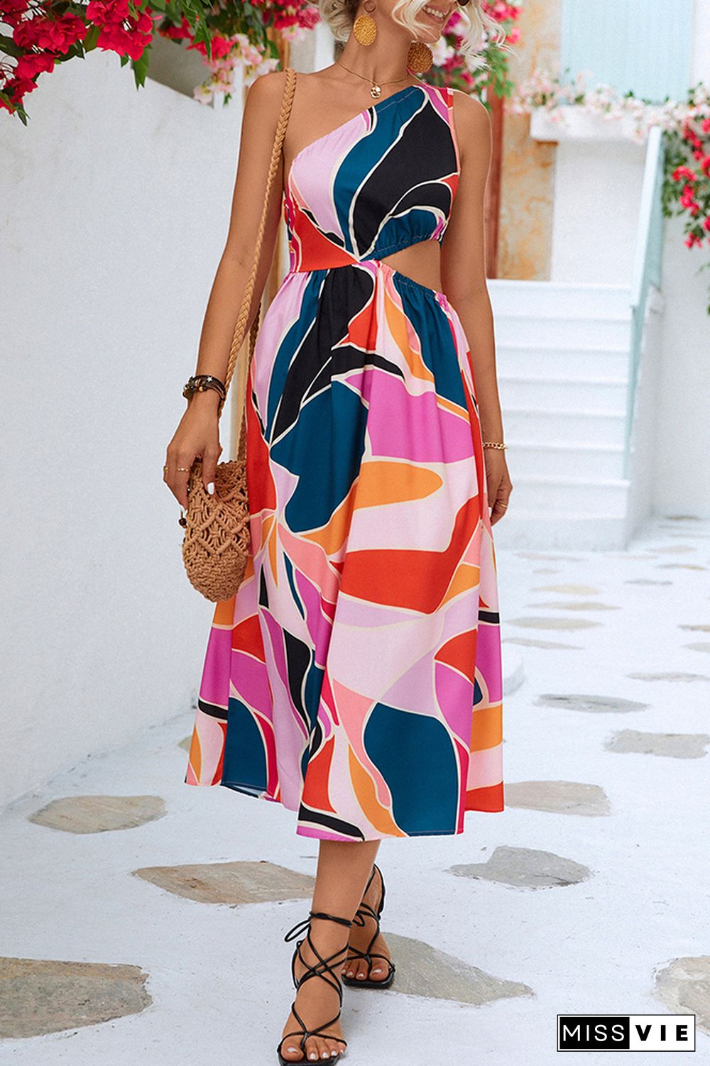 One Shoulder Cut Out Waist Floral Dress