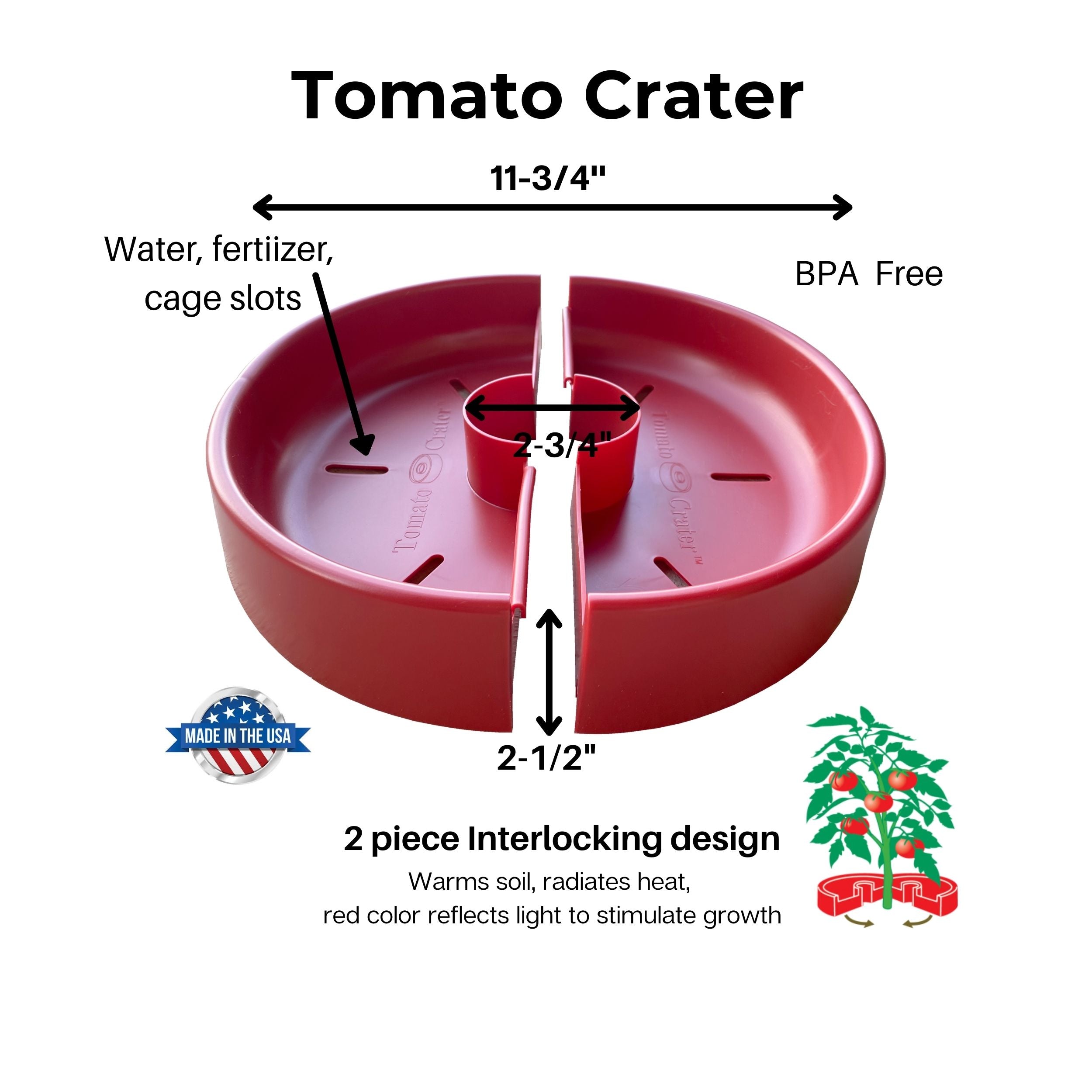 Tomato Crater Vegetable Garden Watering Trough Tray, Enhances Crop Growth, Directs Fertilizer and Water to the Roots, Warms Soil, Prevents Cutworms, Weed Control, Accepts Tomato Cages 12”