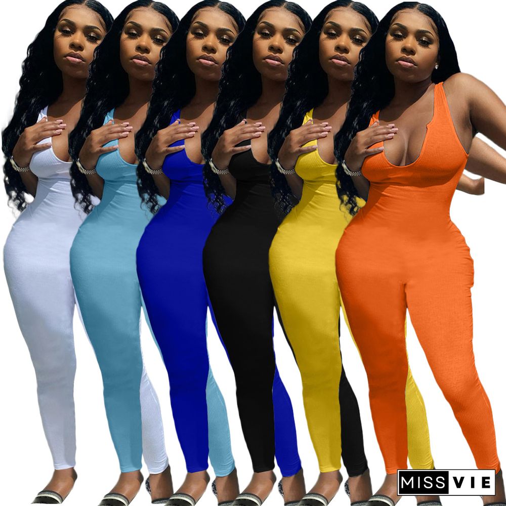 Women Sleeveless Fashion Streetwear Solid Color Deep V-Neck Mid Waist High Elastic Sexy Skinny Jumpsuit