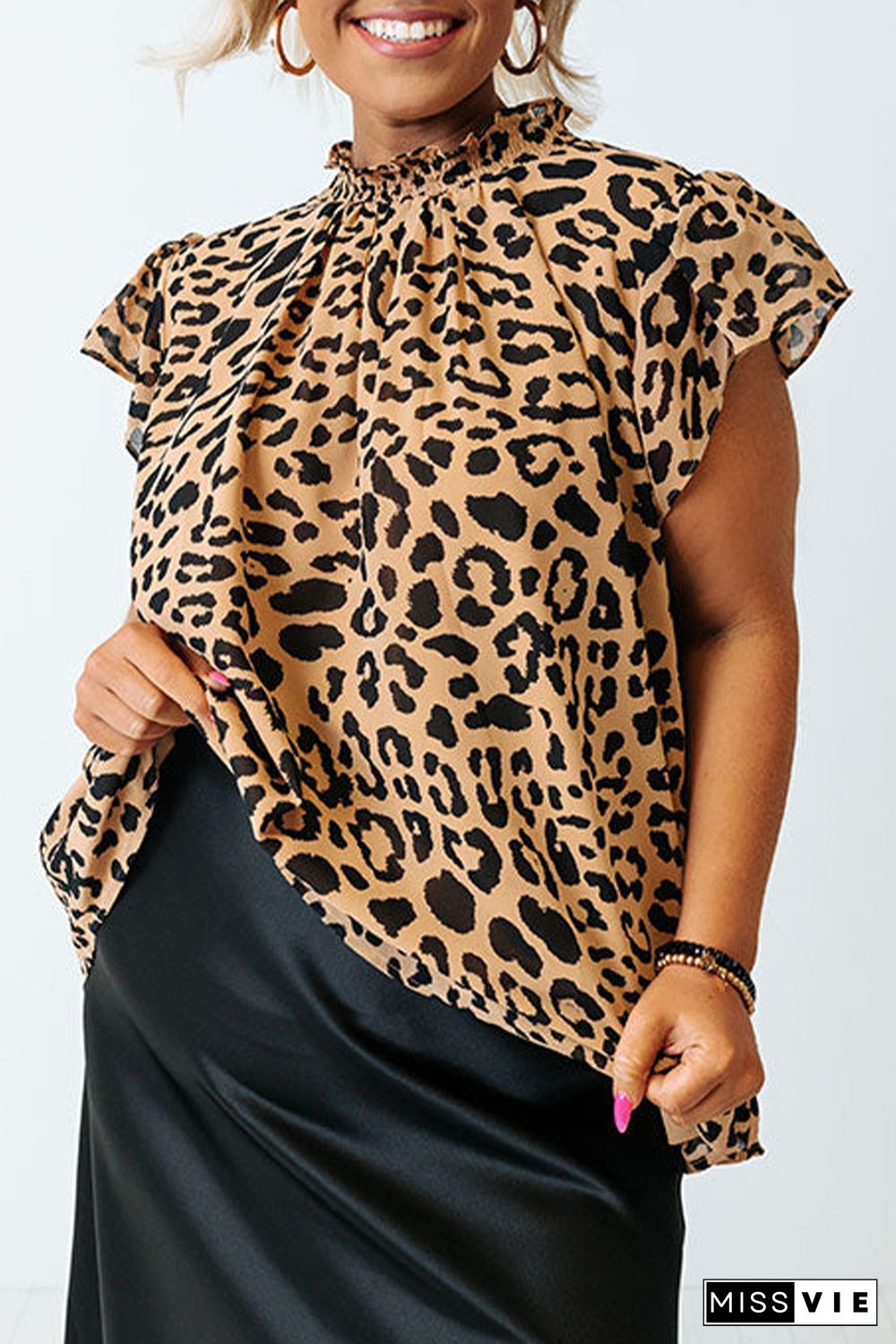 Plus Size Leopard Ruffle Short Sleeve High Neck Blouse