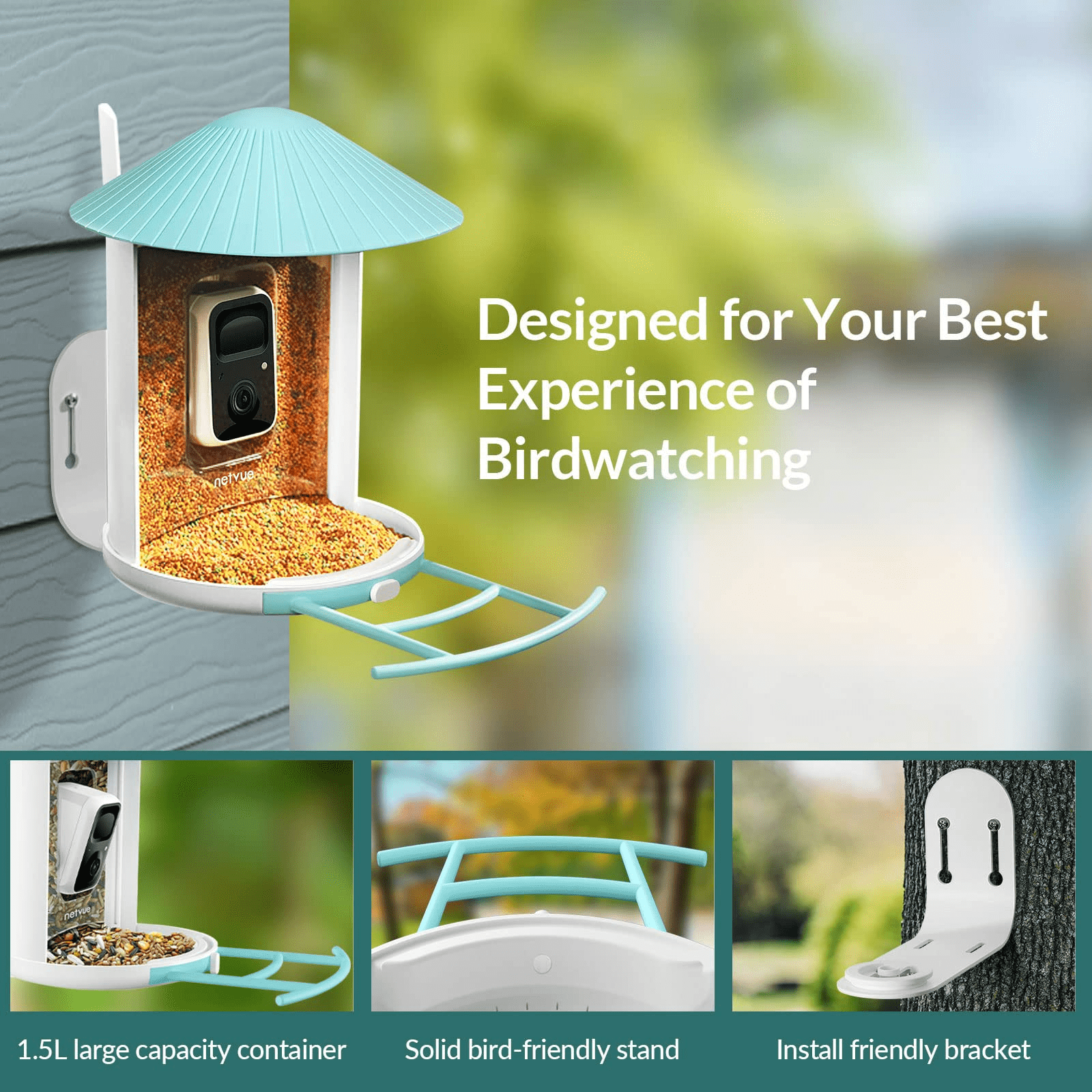 Bird Feeder with Camera， Netvue Birdfy Smart Bird Feeder with Phone App AI Identify Bird Species Night Vision for Bird Watching， Gift Ideas for Moms， Hopper Feeder， Blue (Birdfy AI+Solar)