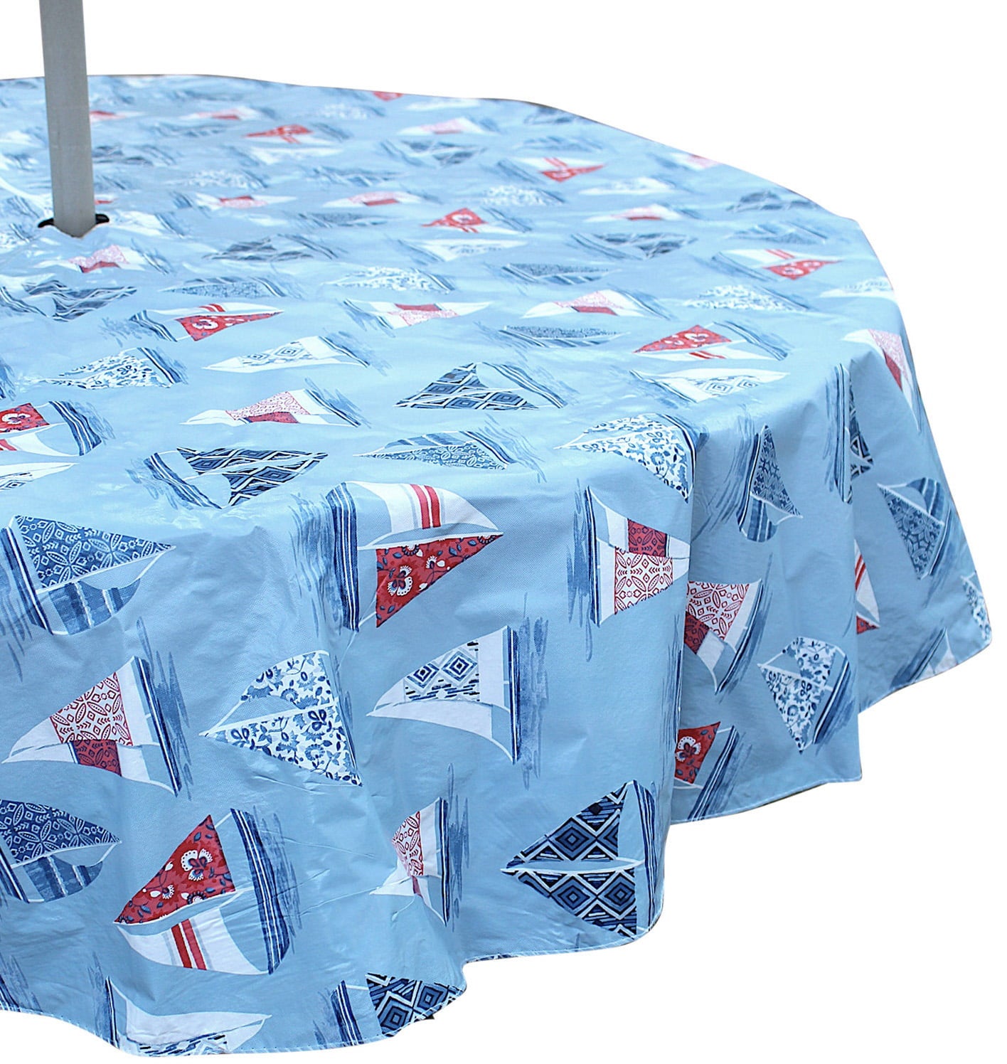 Outdoor Summer Decorative Sails Coastal Sailboats Patio Table Umbrella Vinyl Tablecloth, Umbrella Hole with Zipper, Blue Navy Red White, 52" x 84" Inch Rectangle