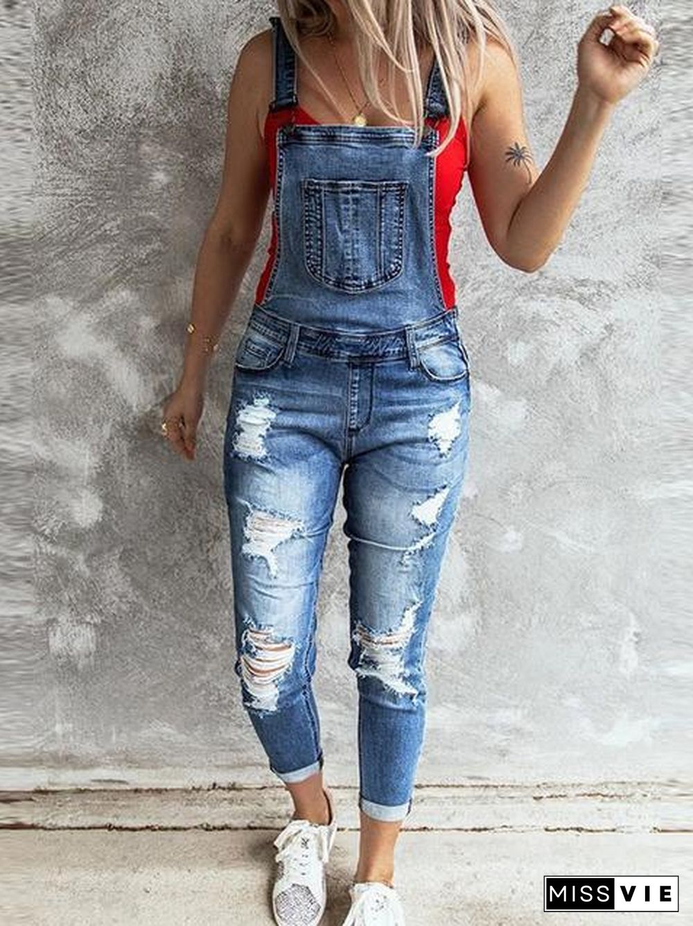 Solid Ripped Pocket Desgin Denim Jumpsuit