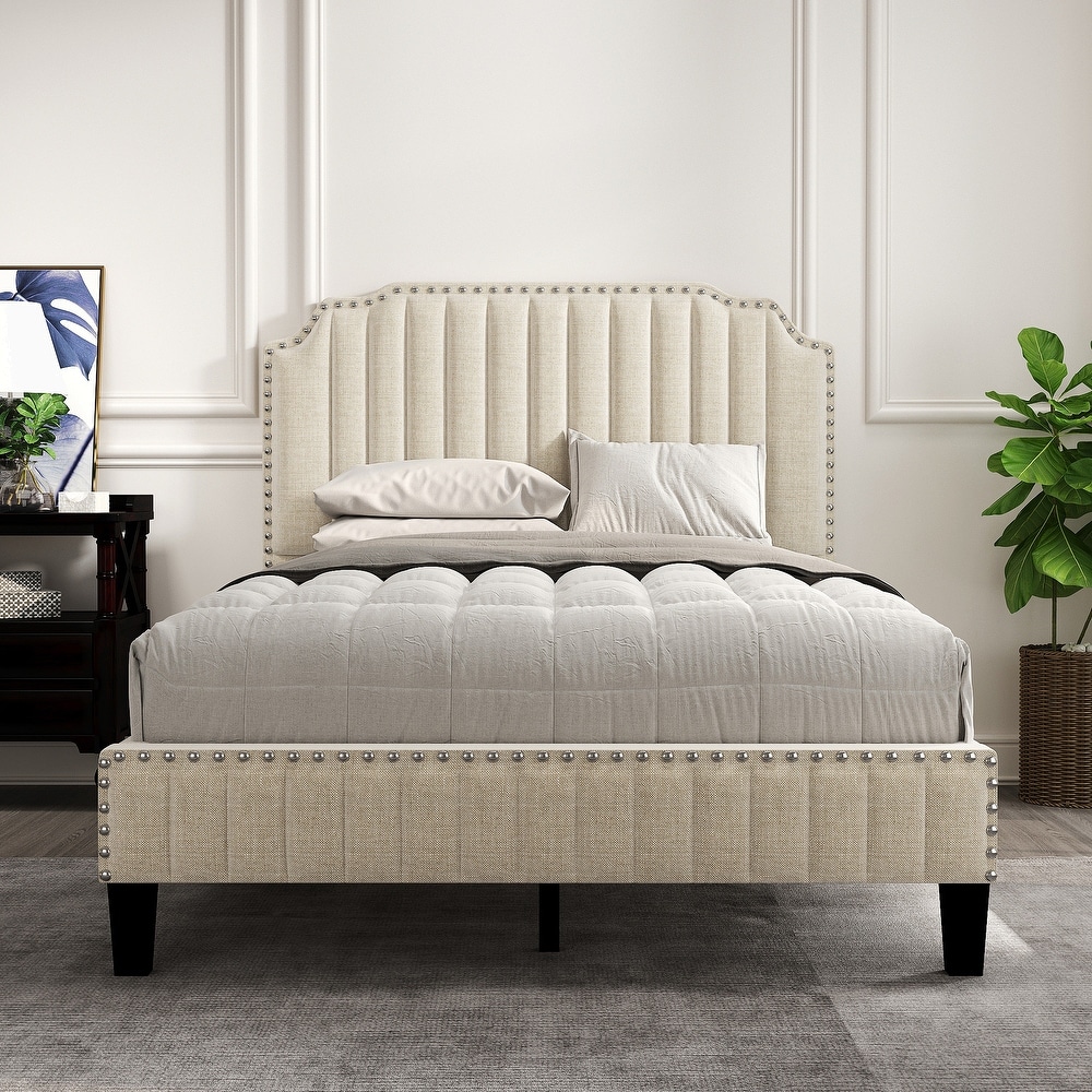 Full Size Linen Upholstered Platform Bed with Solid Wood Frame and Nailhead Trim