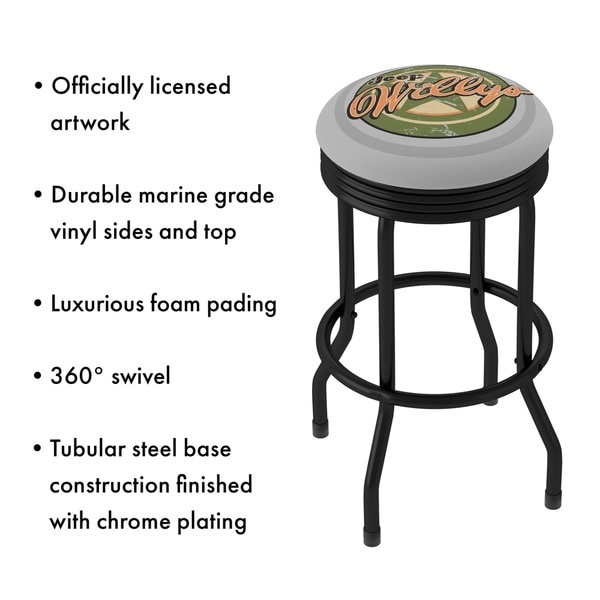 Jeep Willys Vintage 360 Degree Swivel Black Ribbed Barstool with Foam Padded Seat - 20.75 x 20.75 x 29