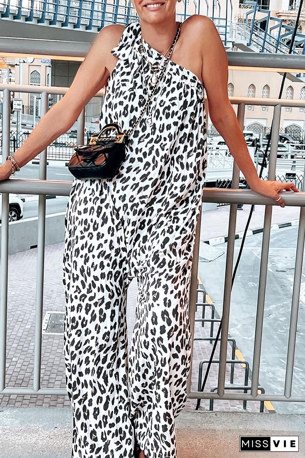 Leopard Print Slant One Shoulder Loose Jumpsuit