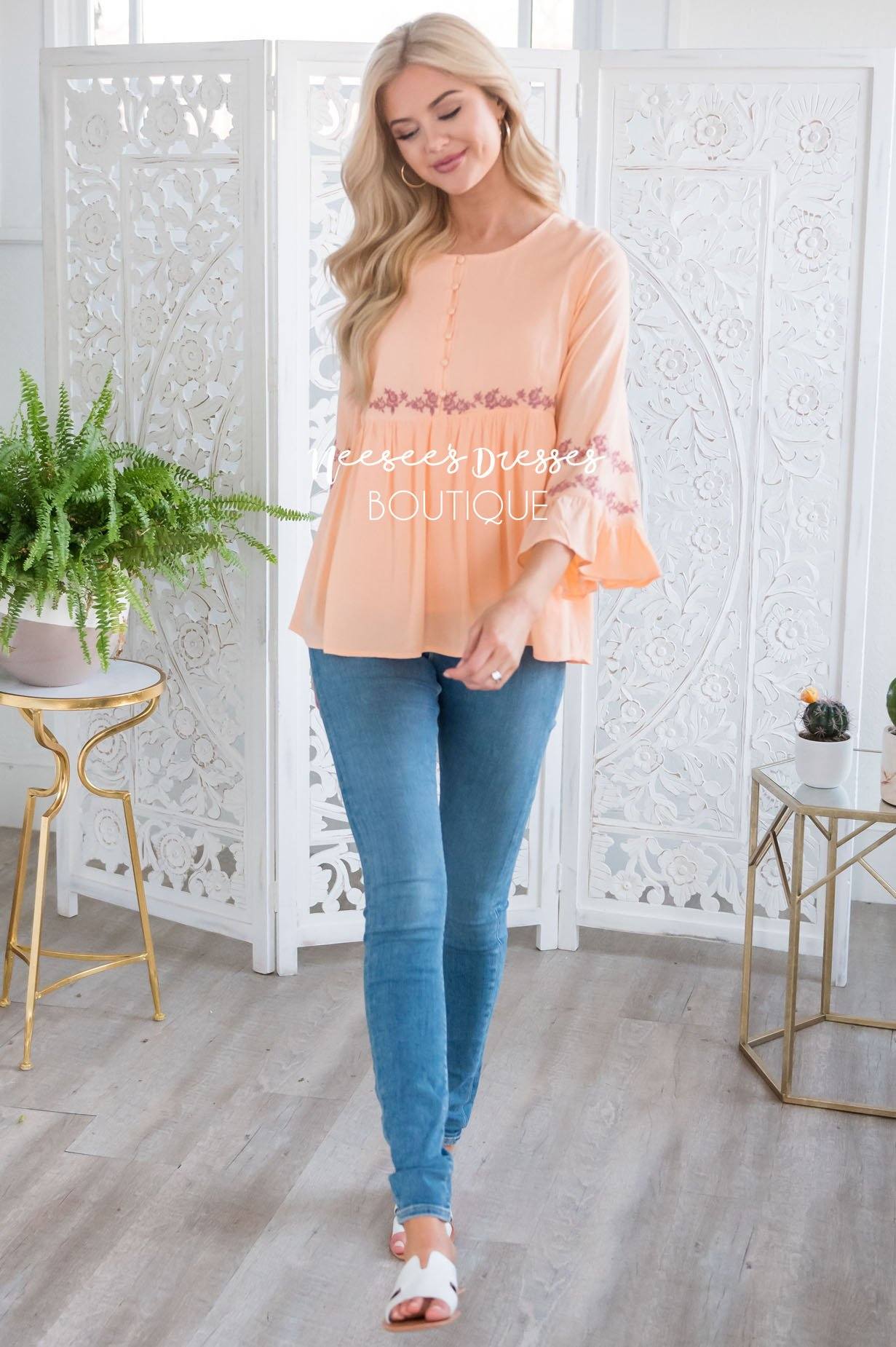 Bright Coral Flounce Embroidered Blouse