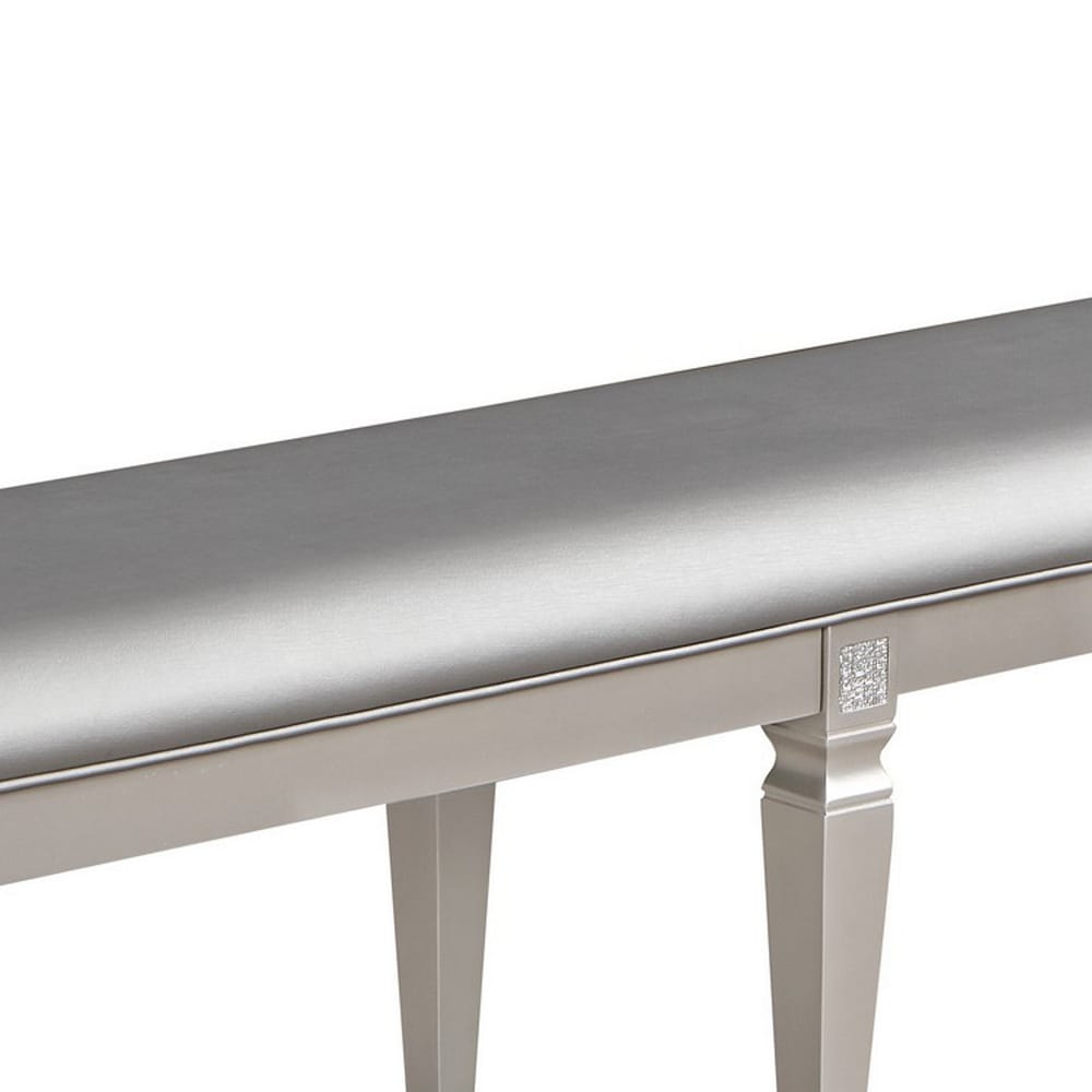 Scott 60 Inch Dining Bench  Sparkling Silver Gray Faux Leather  Wood Frame