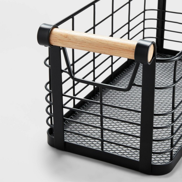 Rectangular Wire Natural Wood Handles Basket