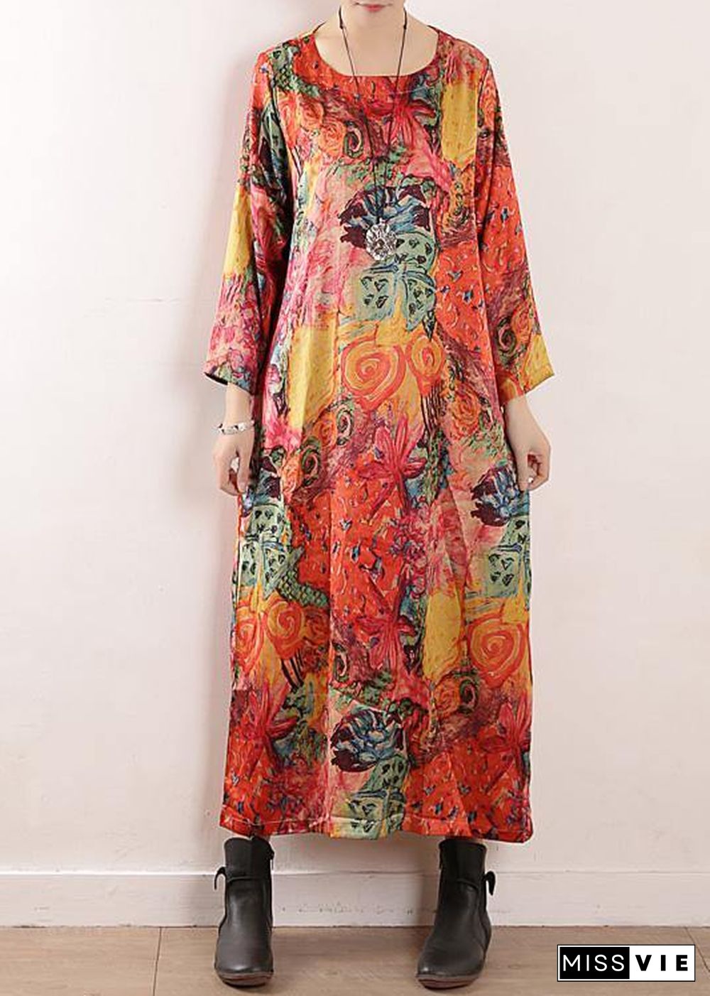 Handmade orange print chiffon Robes Korea Wardrobes o neck Maxi fall Dresses