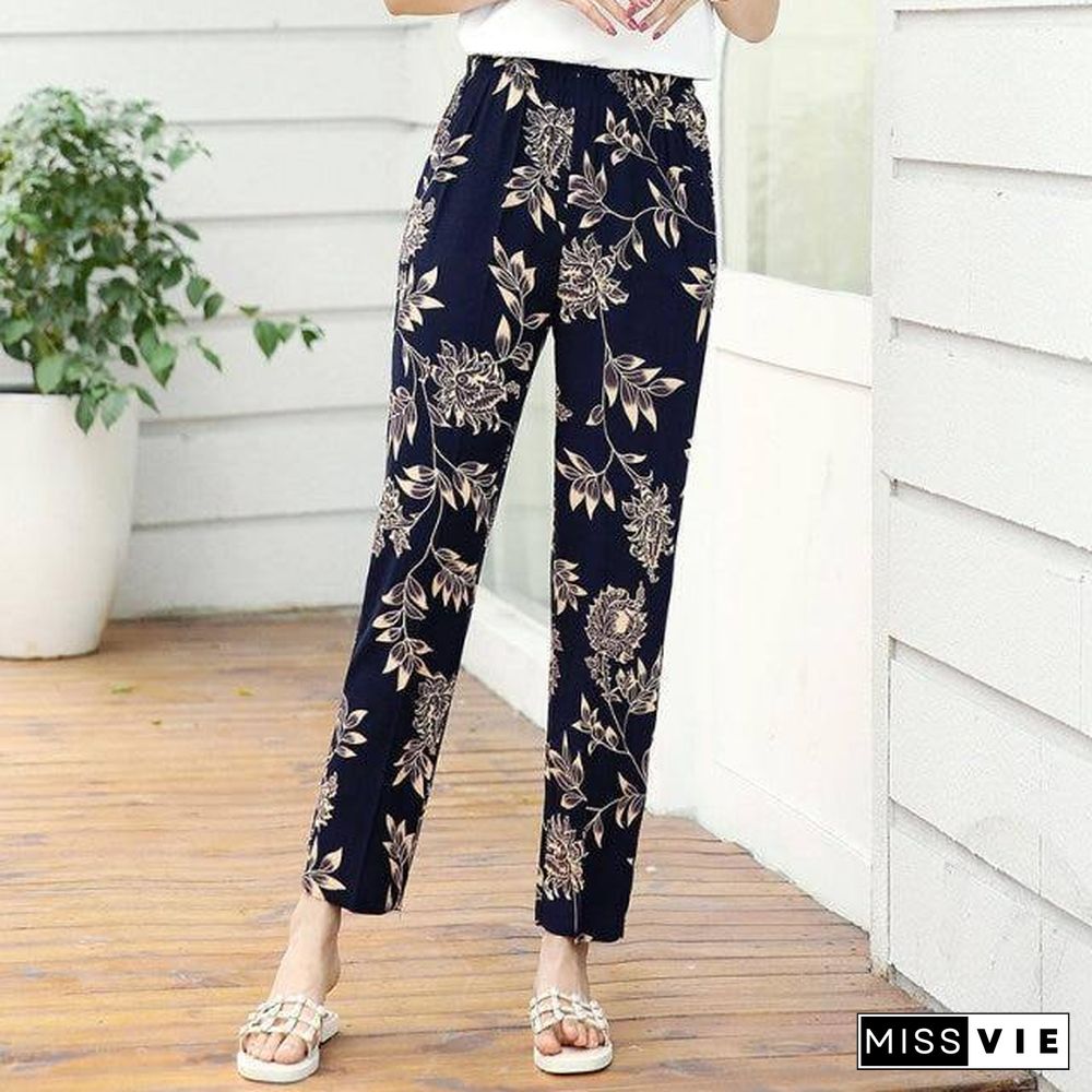 22 Colors Women Summer Casual Pencil Pants XL-5XL Plus Size High Waist Pants Printed Elastic Waist Middle Aged Women Pants