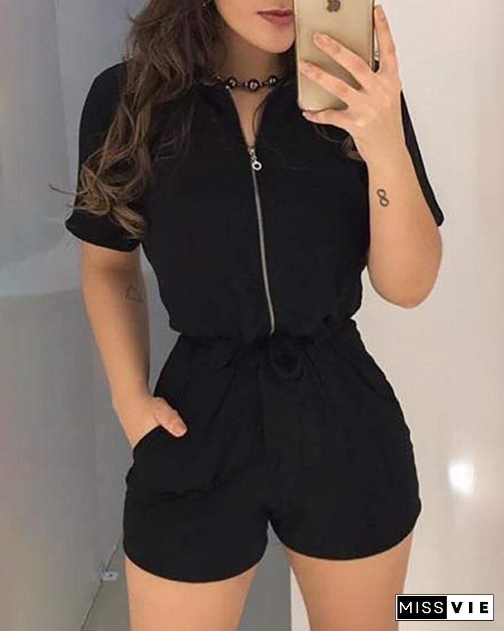 Short Sleeve Zipper Design Romper