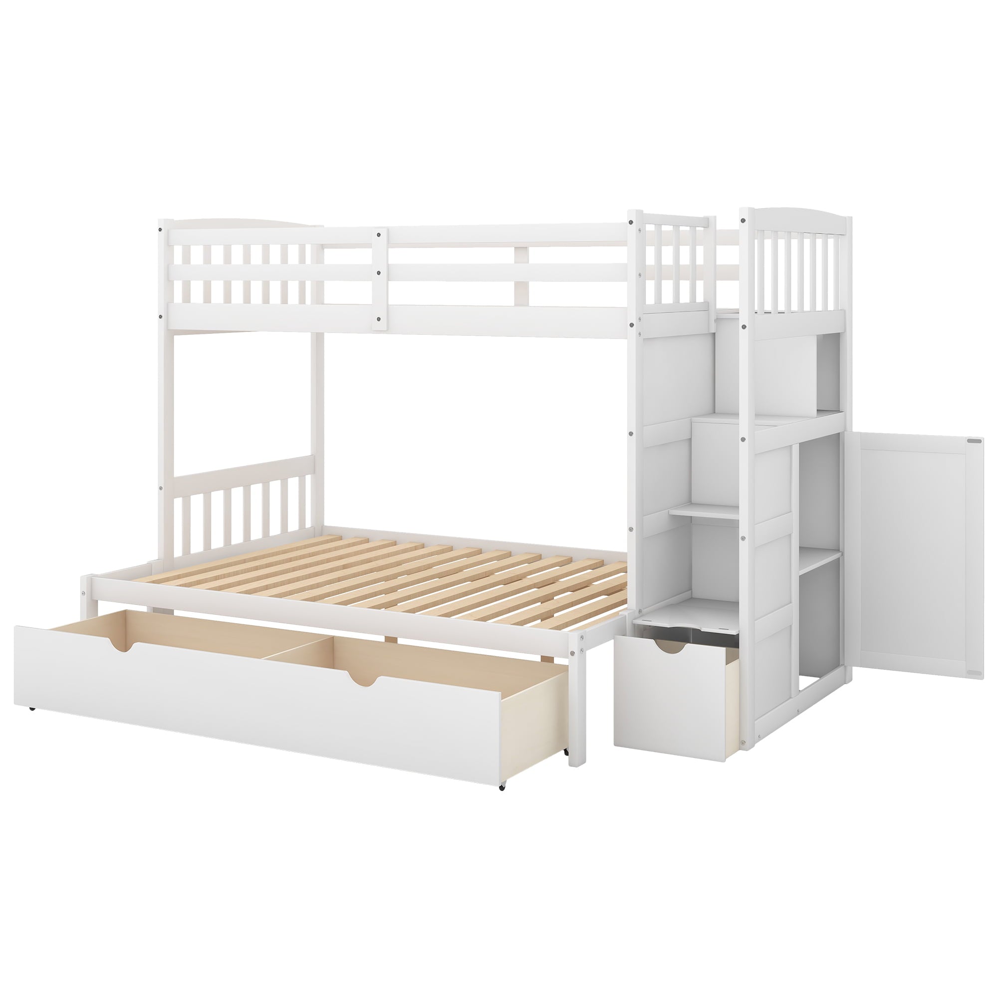 Modern Twin Bunk Bed with Drawer and Cabinet for Kids Bedroom, White