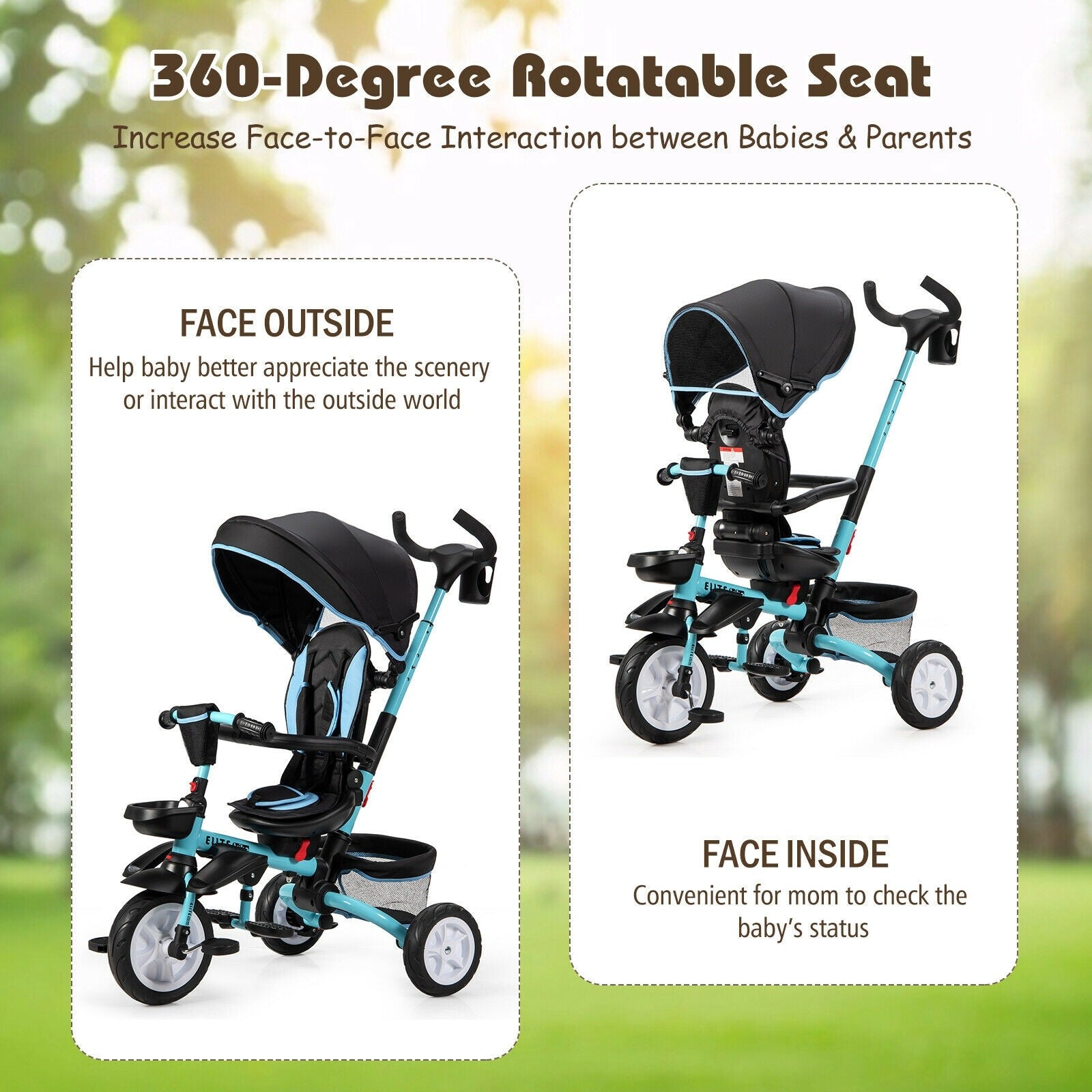 BABY JOY Baby Tricycle, 7-in-1 Kids Folding Steer Stroller w/ Rotatable Seat