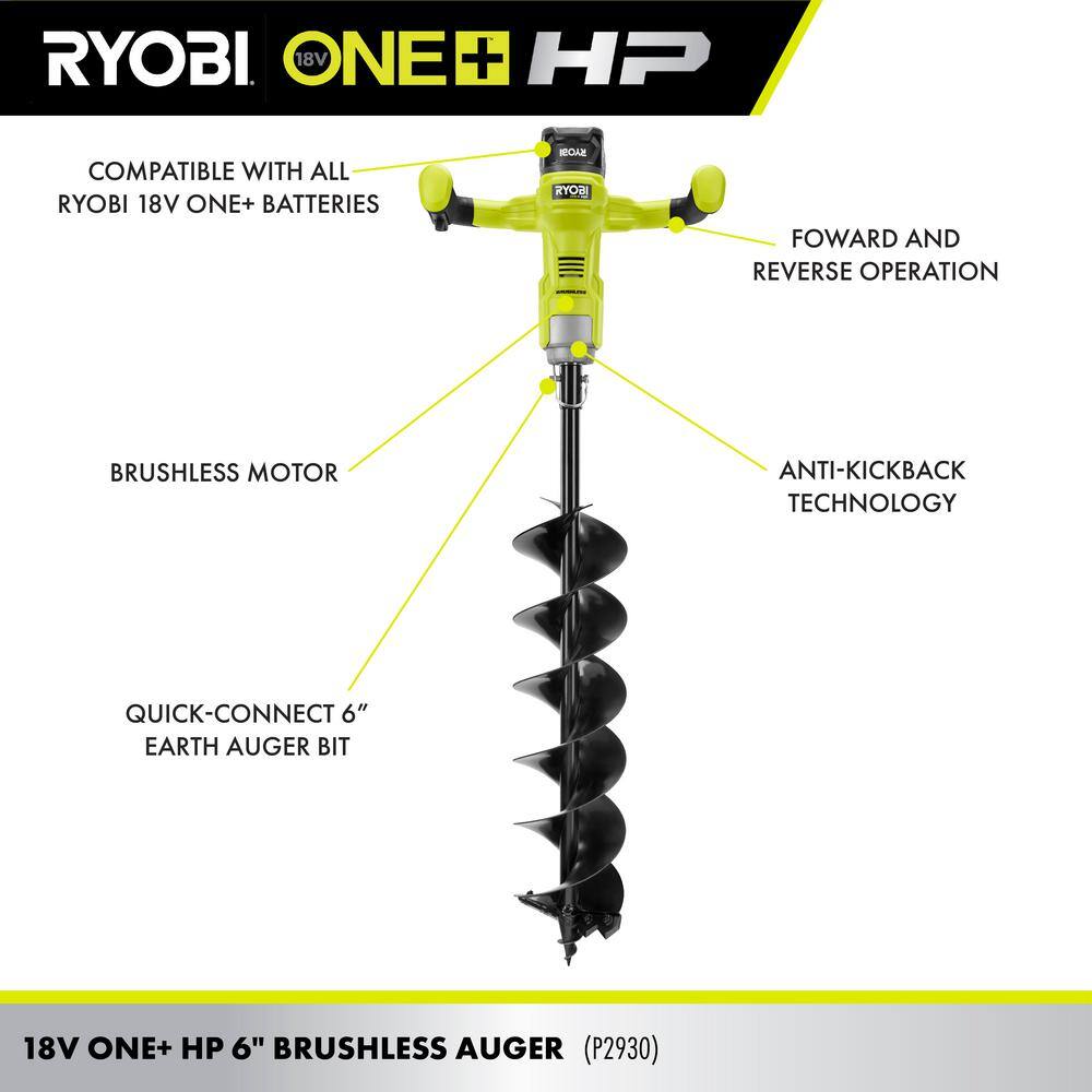 RYOBI ONE+ HP 18V Brushless Cordless Earth Auger with 6 in. Bit Included (Tool Only) P2903BTL