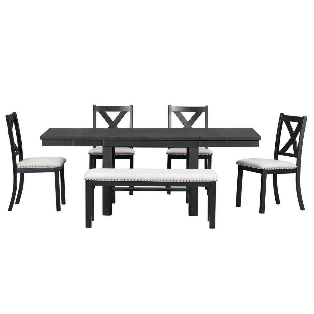 6 Pc Extendable Rectangular Dining Table with Footrest  4 Linen Upholstered Dining Chairs and Bench  Two 11\