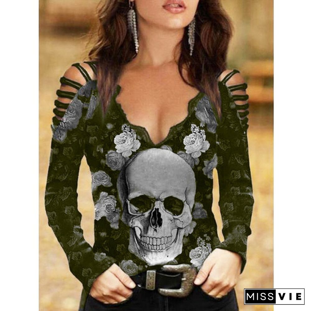 Fashion Women's V-neck Skull & Flower Print T-shirt Gothic Hollow Long Sleeve Tops Plus Size XS-5XL