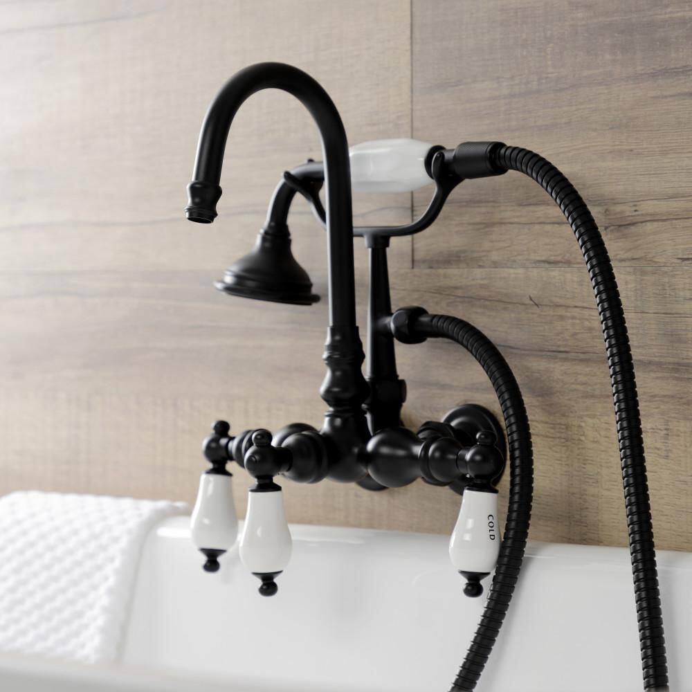 Kingston Brass Aqua Vintage 3-Handle Wall-Mount Clawfoot Tub Faucets with Hand Shower in Matte Black HAE9T0