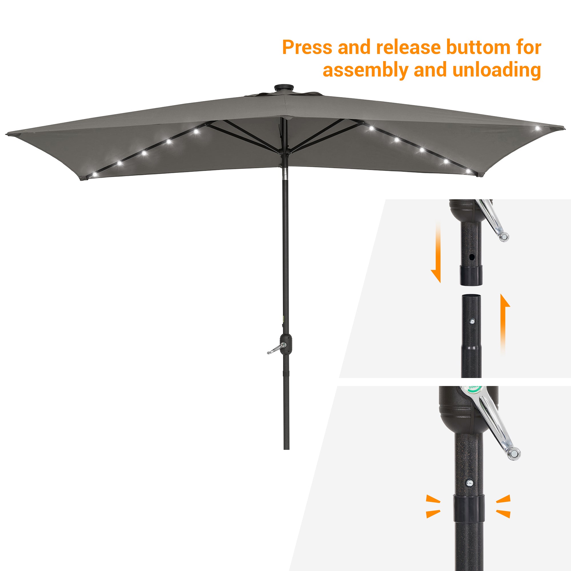 Sonerlic 10 x 6.5ft LED Solar Outdoor Patio Rectangle Table Umbrellas with Non-Fading Canopy for Garden and Yard,Gray