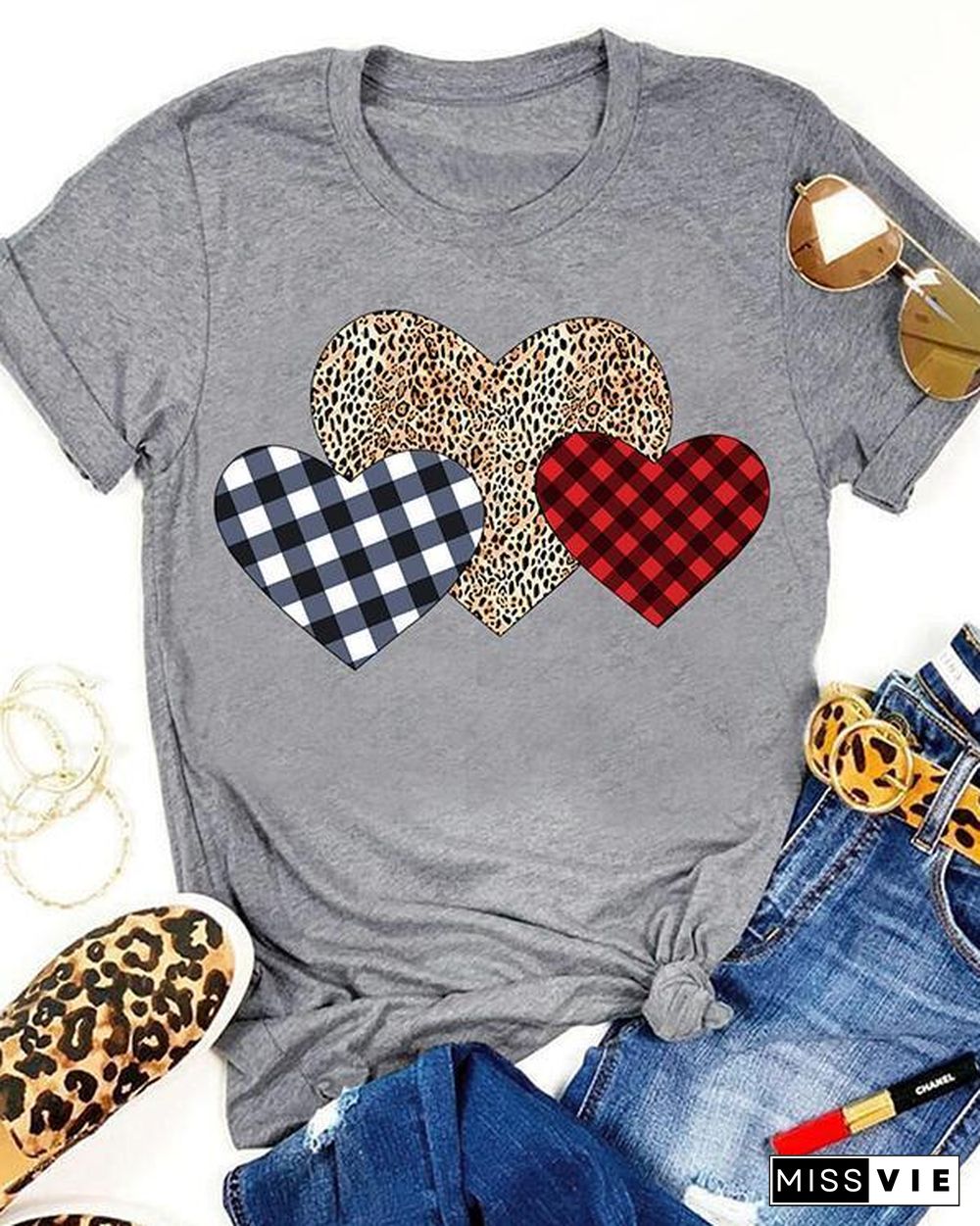 Valentine Plaid Leopard Printed Splicing Heart T-Shirt Tee