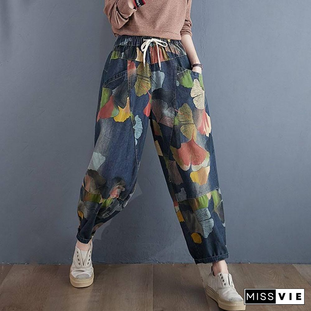 Women High Waist Jeans New Arrival Autumn Streetwear Vintage Floral Print Loose Female Casual Denim Harem Pants S1845