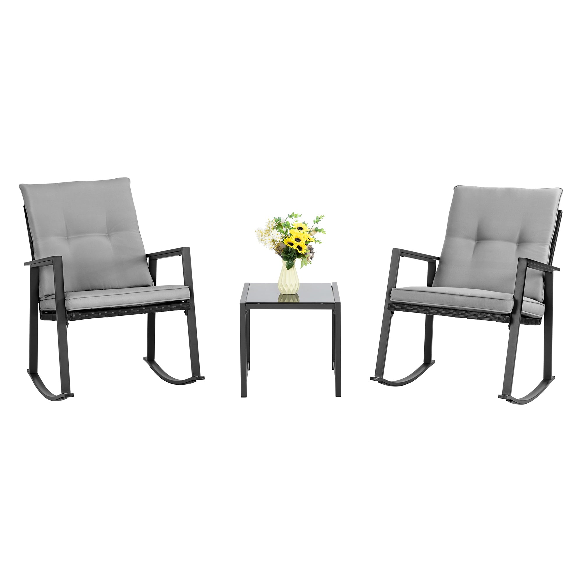 Walsunny 3 Pieces Outdoor Patio Conversation Set  Modern Rocking Rattan Bistro Chair Dark Gray