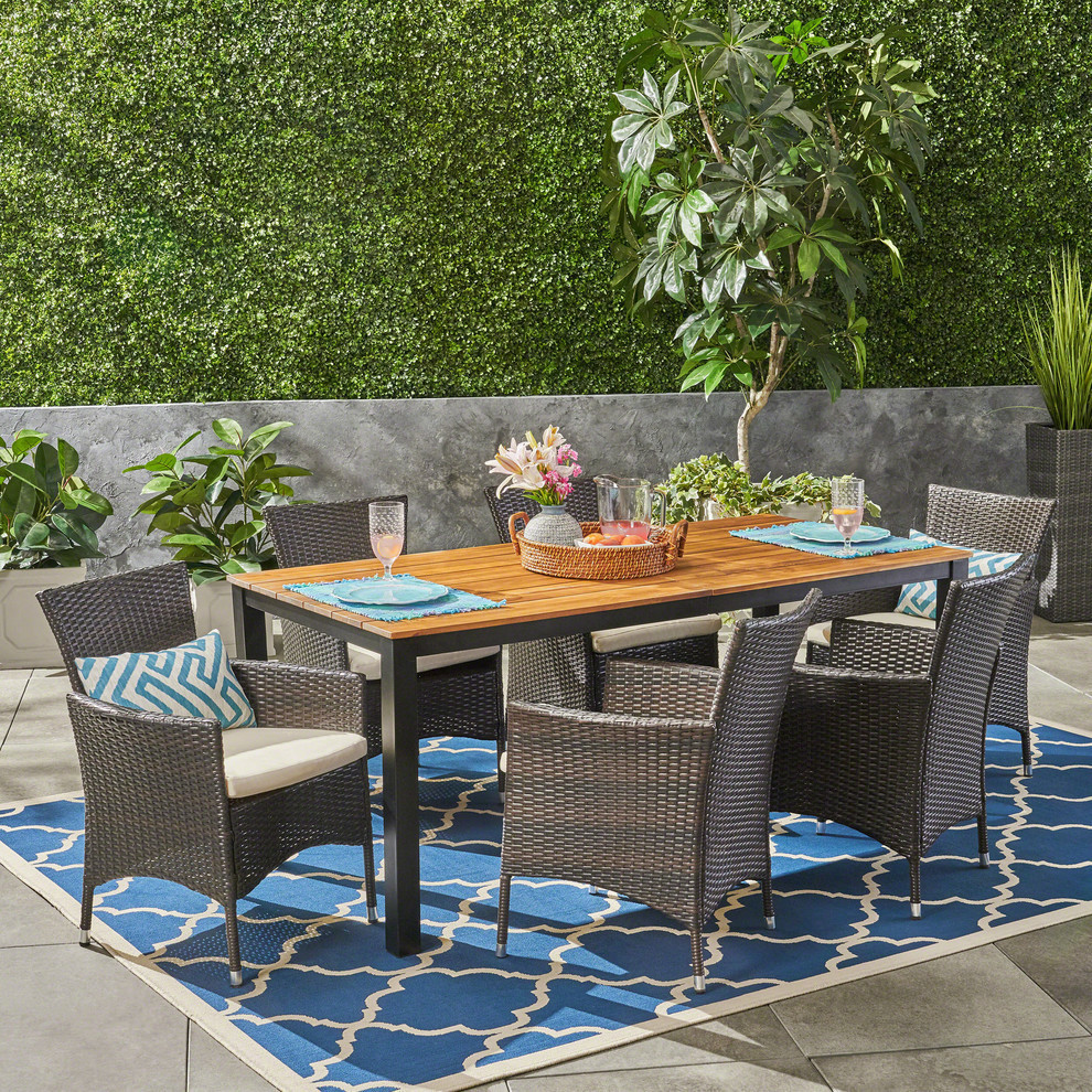 GDF Studio 7 Piece Teresa Outdoor Acacia Wood Dining Set With Wicker Chairs   Tropical   Outdoor Dining Sets   by GDFStudio  Houzz