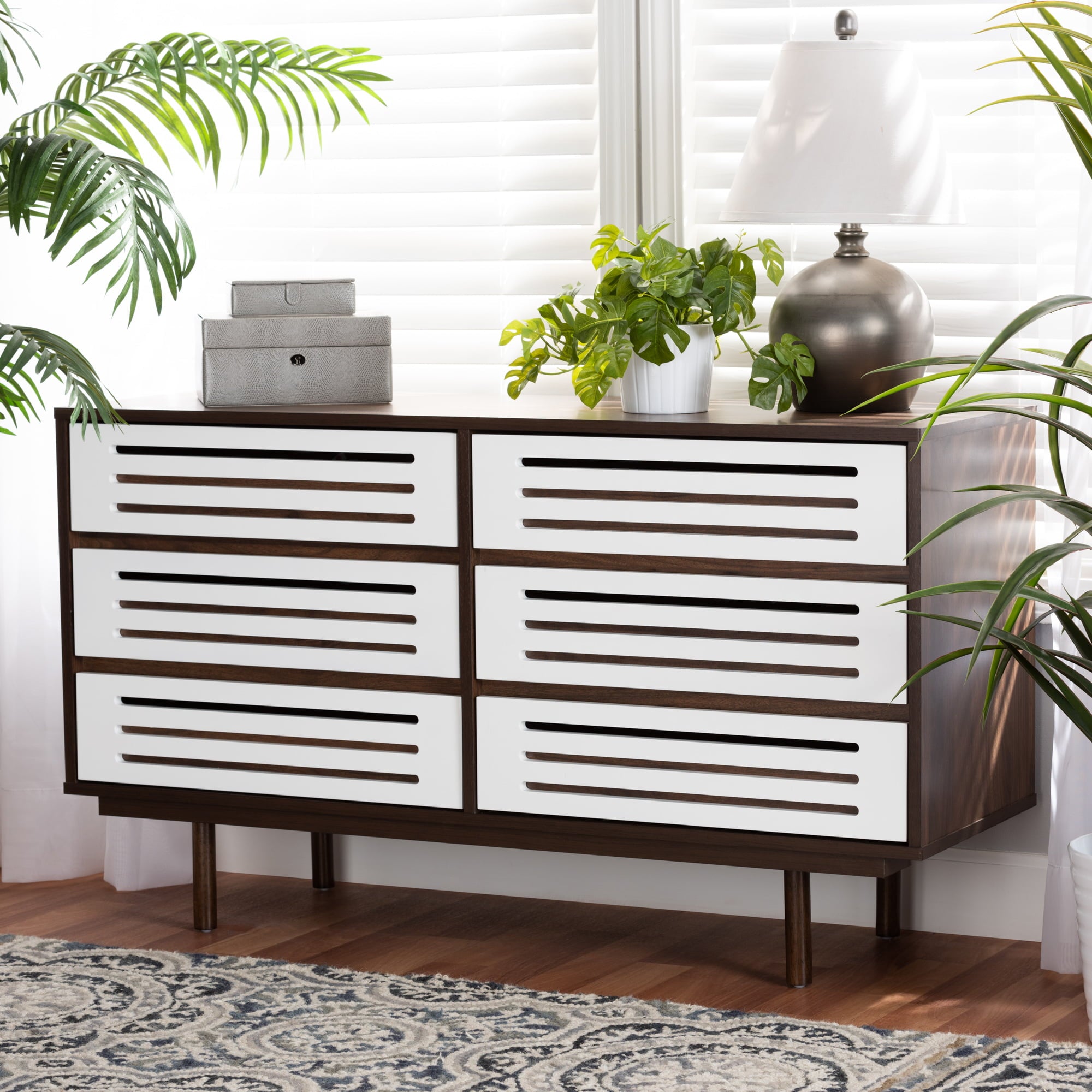 Baxton Studio Meike Mid-Century Modern Two-Tone Walnut Brown and White Finished Wood 6-Drawer Dresser