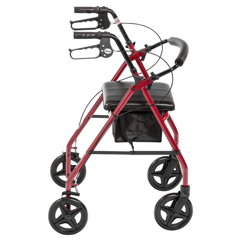 Drive Medical Aluminum Rollator Rolling Walker with Fold Up and Removable Back Support and Padded Seat Red r728rd