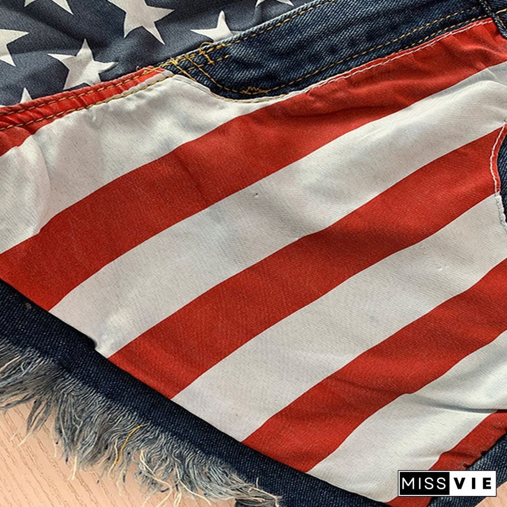 American flag print denim shorts women Fringed sexy ladies hot pants Star print jeans