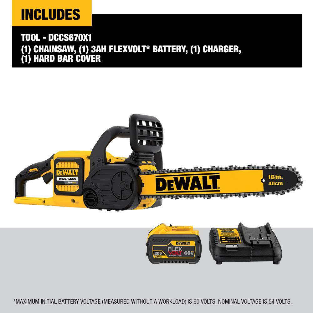 DW 60V MAX 16in. Brushless Battery Powered Chainsaw Kit with (1) FLEXVOLT 3Ah Battery Charger  Case DCCS670X1W6KBOX