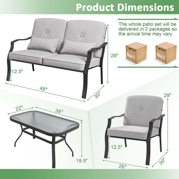 Costway 4 Pcs Patio Furniture Set Outdoor Conversation Sofa Tempered Glass Coffee Table