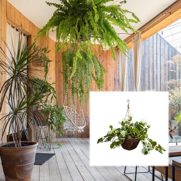 Silk White Geranium Arrangement with Hanging Basket