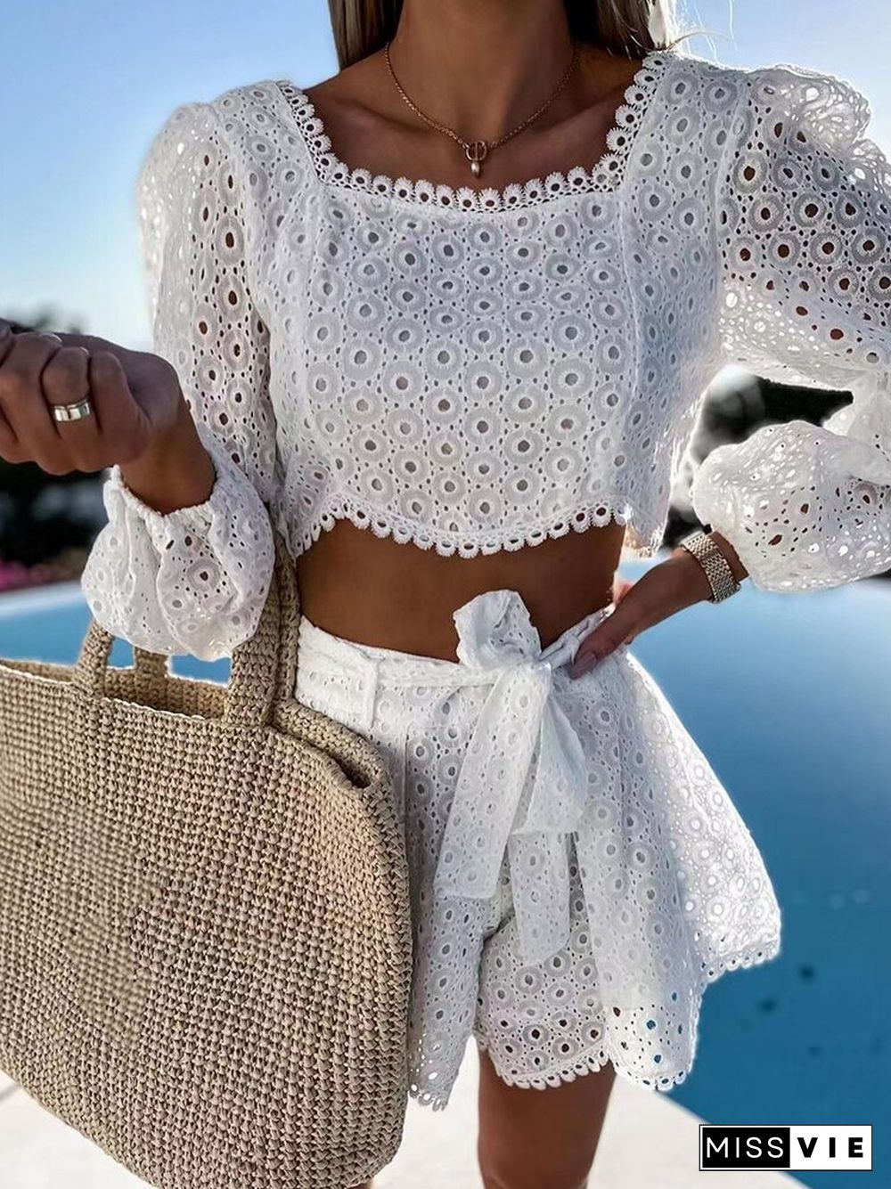 Casual Ladies Seaside 2-piece Sets Summer Fashion Square Collar Long-sleeve Short Tops + Lace Up Loose Shorts Women Suits