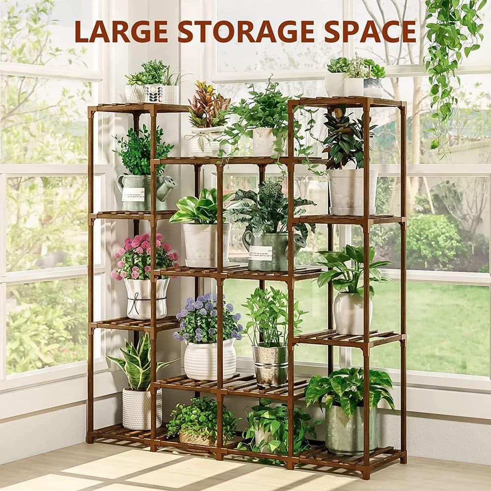 4-Tiers 14 Pots Rectangular Wooden Plant Rack for Living Room Terrace， Balcony and Garden， Natural Color B098QG2WQD