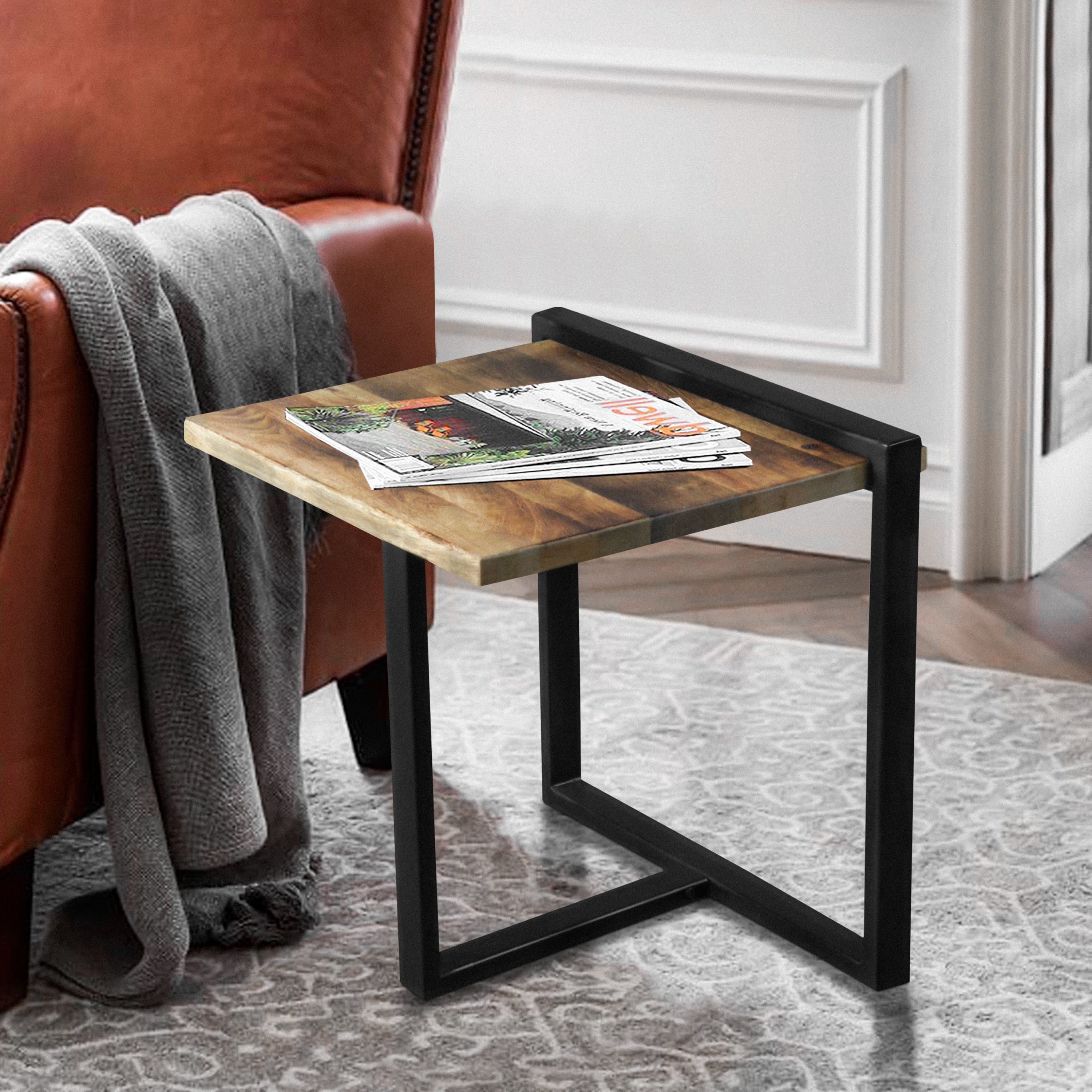 Industrial End Table with Wooden Rectangular Top and Metal Frame， Brown and Black