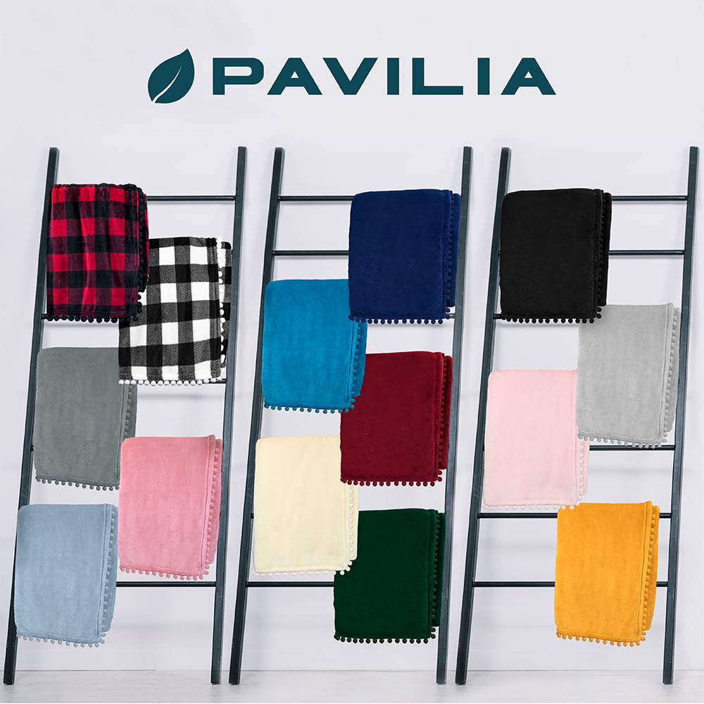 PAVILIA Fleece Throw Blanket with Pom Pom Fringe | Buffalo Plaid Checkered White， Black Flannel Throw | Super Soft Lightweight Microfiber Polyester | Plush， Fuzzy， Cozy | 50 x 60 Inches