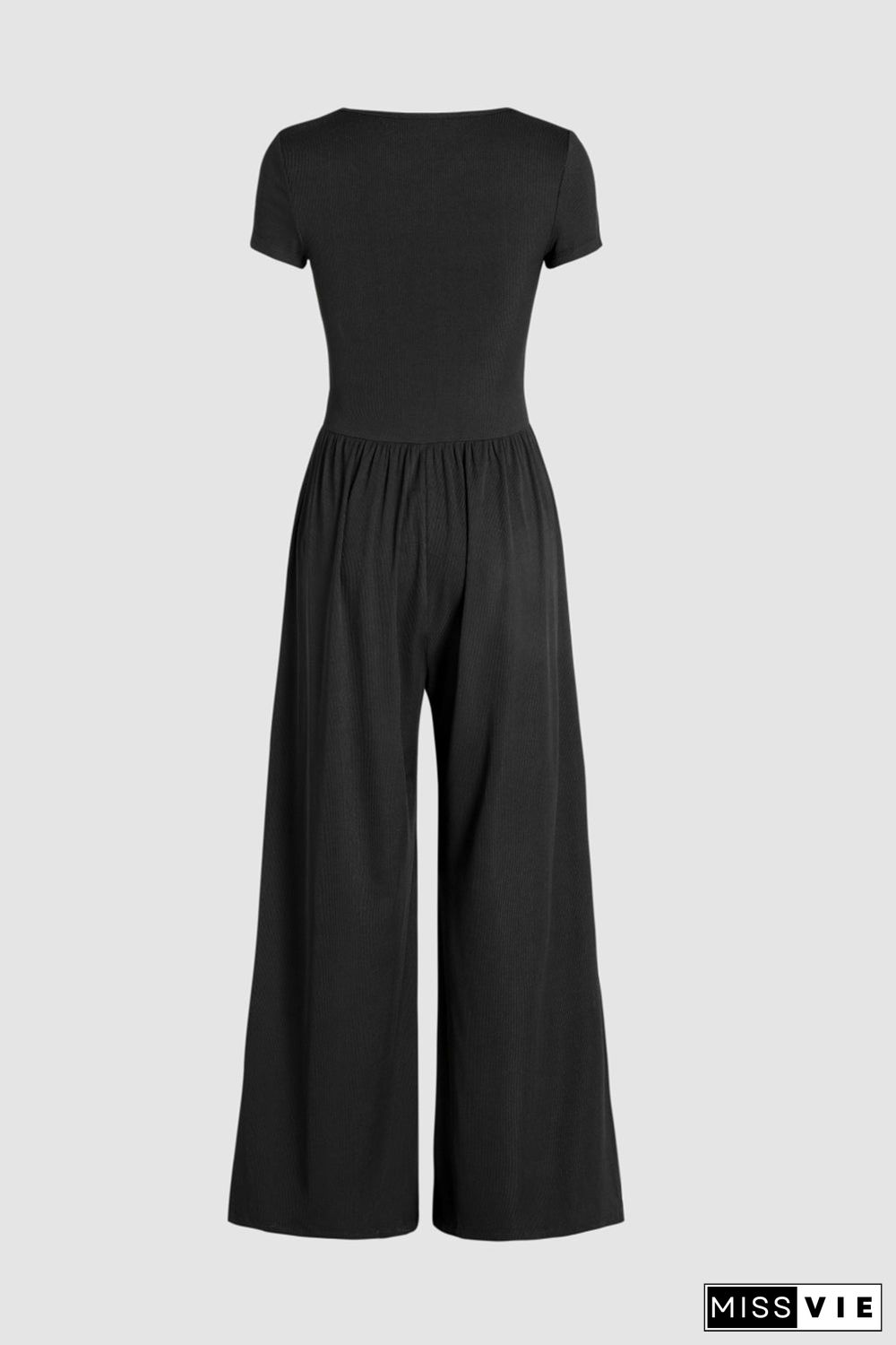 Black Pleated High Waist U Neck Short Sleeve Jumpsuit