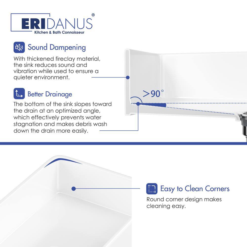 Eridanus Denbigh Crisp White Fireclay 33 in. Single Bowl Farmhouse Apron Kitchen Sink with Bottom Grid and Basket Strainer ERI-FS-105