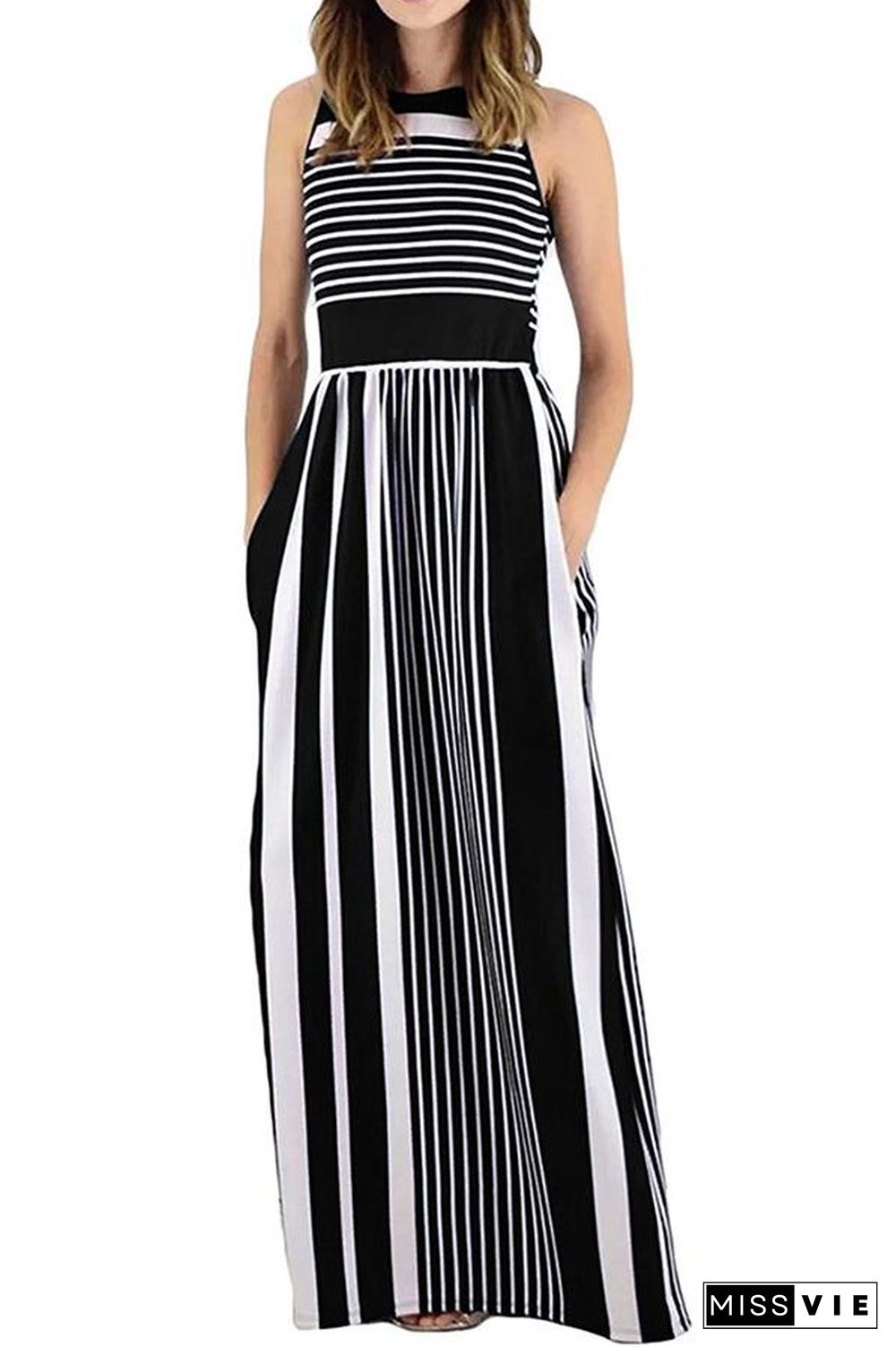 Mixed Color Sleeveless Stripe High Waist Maxi Dress