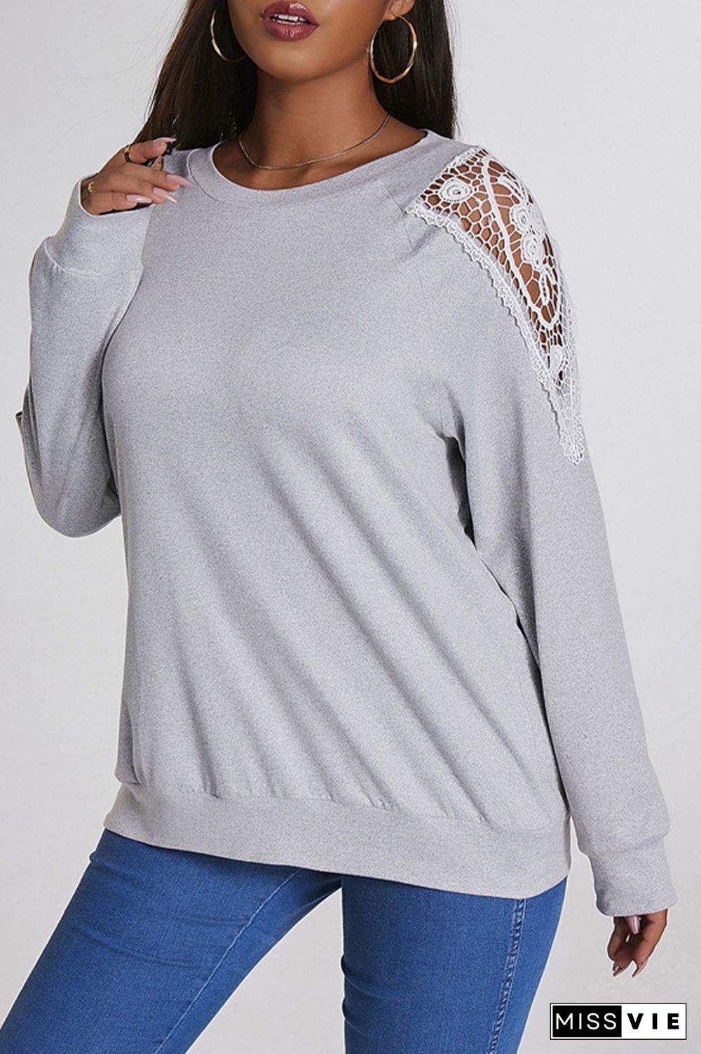 Plain Lace Patckwork Sleeve Plus Size Top