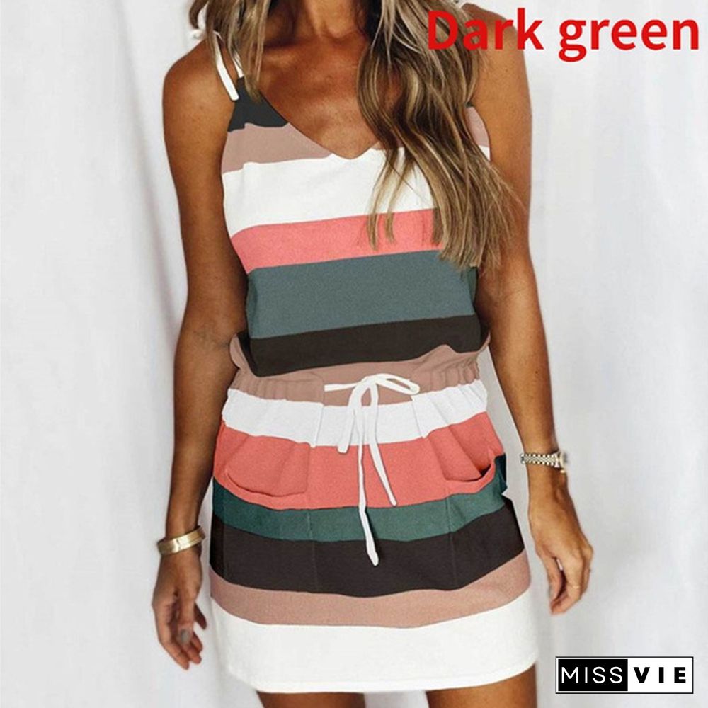 Women's Fashion Drawstring Color Harness Stripe Vest Dress Summer Skirt