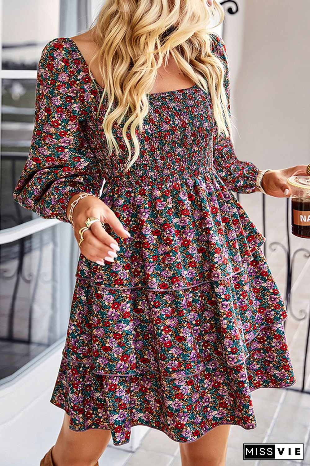 Smocked Tiered Long Sleeves Floral Dress